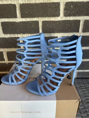 Call It Spring  Astausien Powder Blue Strappy Cage High Heel Shoes, size 7.5